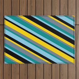 [ Thumbnail: Yellow, Slate Gray, Dark Cyan, Sky Blue & Black Colored Striped Pattern Outdoor Rug ]