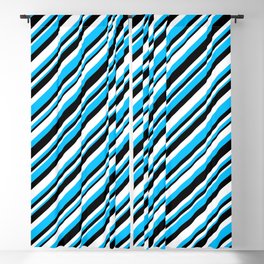 [ Thumbnail: Deep Sky Blue, Black, and White Colored Lined Pattern Blackout Curtain ]