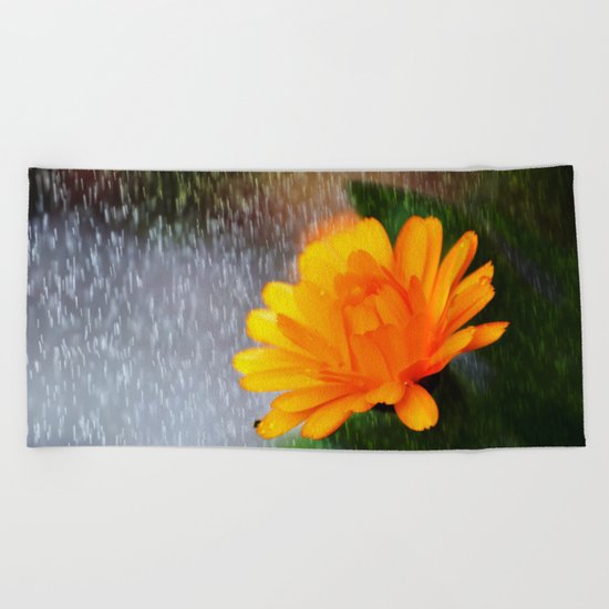 Golden flower on a rainy day Beach Towel