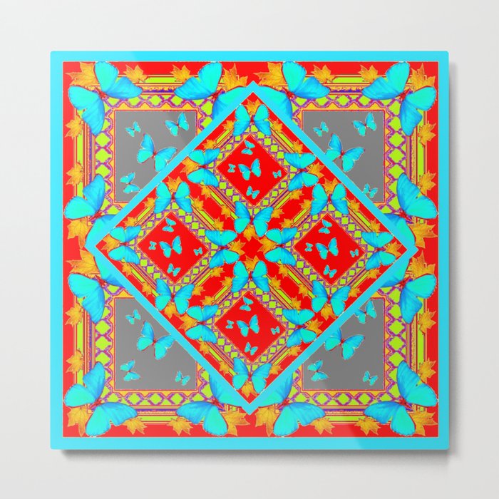 Decorative Western Style Red Patterns & Turquoise Butterflies Metal Print