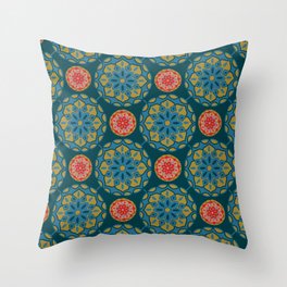 MOSAIQUE Bohemian Floral Mandala Tiles in Exotic Blue Green Red on Dark Teal - UnBlink Studio by Jackie Tahara Throw Pillow