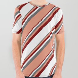 [ Thumbnail: Dim Gray, Dark Salmon, Maroon & White Colored Lines/Stripes Pattern All Over Graphic Tee ]