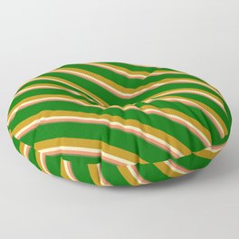 [ Thumbnail: Eyecatching Dark Green, Dark Goldenrod, Beige, Coral & Dark Olive Green Colored Lined Pattern Floor Pillow ]