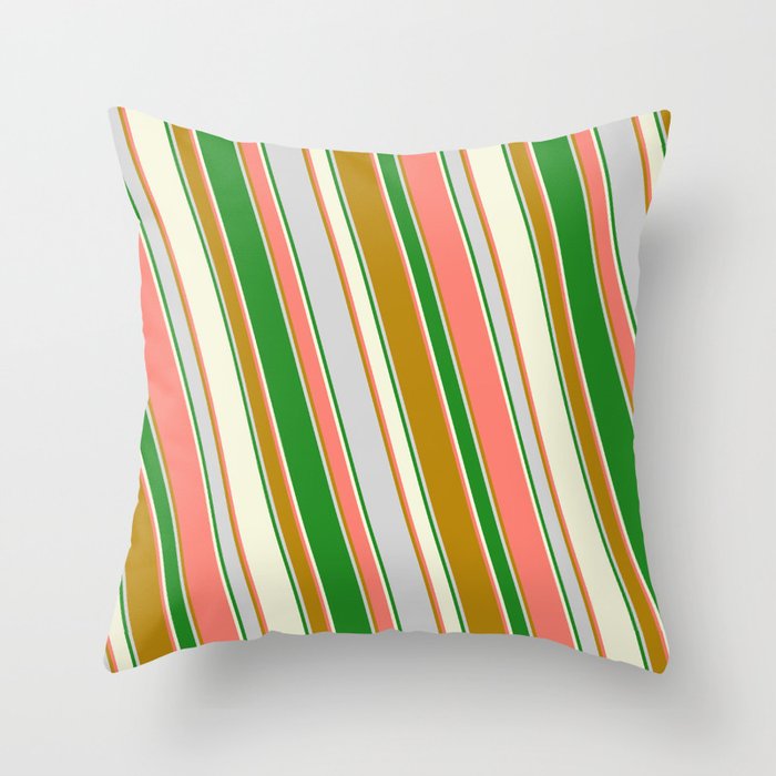 Salmon, Dark Goldenrod, Light Grey, Forest Green, and Beige Colored Striped/Lined Pattern Throw Pillow