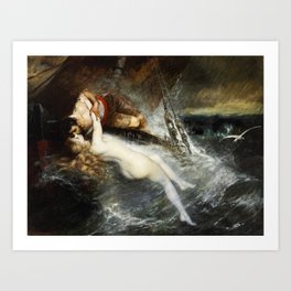 The Kiss of the Siren by Gustav Wertheimer, 1882 Art Print | Gustav, Siren, Ocean, Werheimer, European, Coastal, Painting, Vintage, Boat, Old 