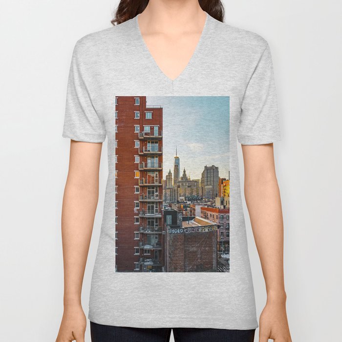 NYC Skyline Views | Golden Hour in New York City V Neck T Shirt