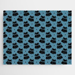 Black Cute Owl Seamless Pattern on Blue Background Jigsaw Puzzle