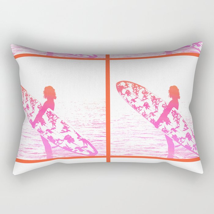 Retro Woman and Surfboard Pink Rectangular Pillow