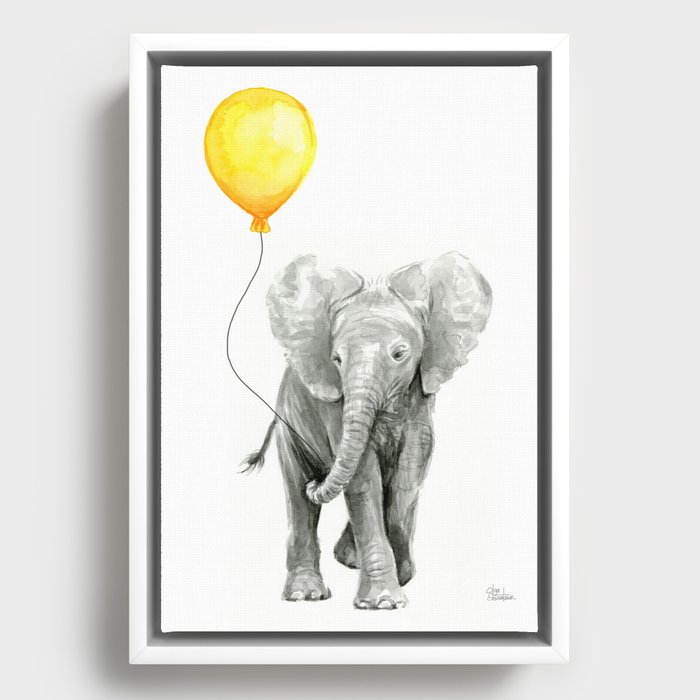 Elephant Watercolor Yellow Balloon Whimsical Baby Animals Framed Canvas