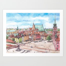 Warsaw Castle Square - aerial view - ink & watercolor illustration Art Print