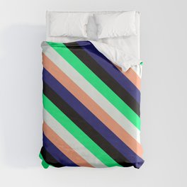[ Thumbnail: Eye-catching Green, Mint Cream, Light Salmon, Midnight Blue, and Black Colored Stripes/Lines Pattern Duvet Cover ]