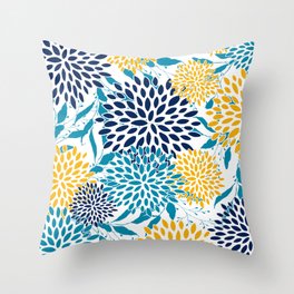 Floral Blooms and Leaves, Navy, Teal Blue, Yellow Throw Pillow