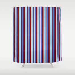 [ Thumbnail: Royal Blue, Maroon, and Light Blue Colored Lines Pattern Shower Curtain ]