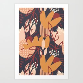 Abstract Floral in Navy, Blush + Gold Art Print