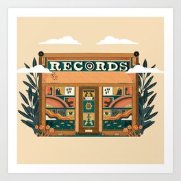 Retro Record/ Vinyl Shop in the clouds Illustration Art Print  Art Print