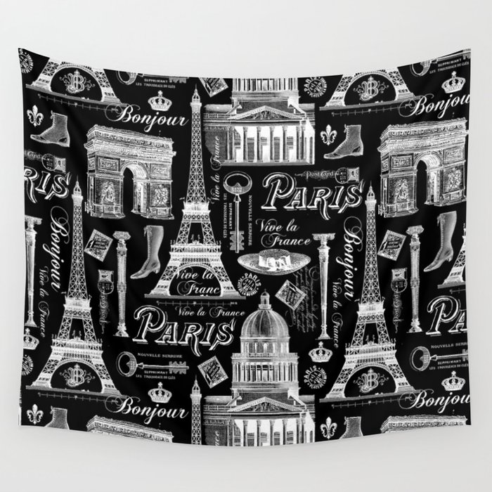 Romantic Paris Vintage Black And White Pattern Wall Tapestry