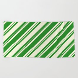 [ Thumbnail: Forest Green and Beige Colored Lined/Striped Pattern Beach Towel ]