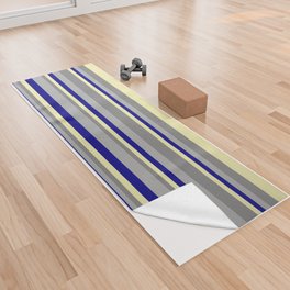 [ Thumbnail: Dark Gray, Blue, Pale Goldenrod, and Gray Colored Striped Pattern Yoga Towel ]