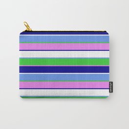 [ Thumbnail: Cornflower Blue, Lime Green, Violet, Dark Blue & White Colored Stripes/Lines Pattern Carry-All Pouch ]