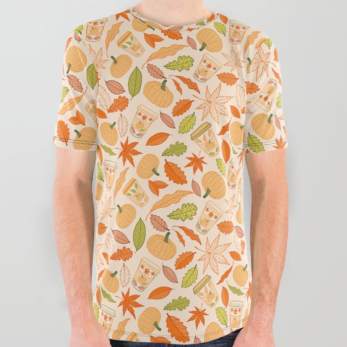 Pumpkin Spice Season Latte and Fall Leaves Pattern All Over Graphic Tee ...