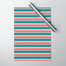 [ Thumbnail: Light Coral, Teal, and Light Grey Colored Lined/Striped Pattern Wrapping Paper ]