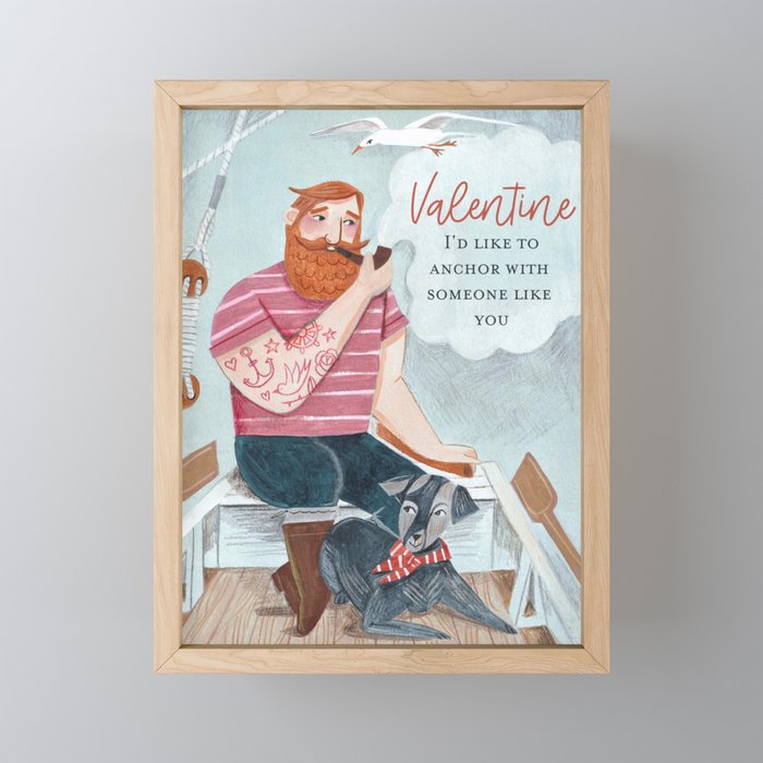 Valentine man sailor captain & dog in boat Framed Mini Art Print