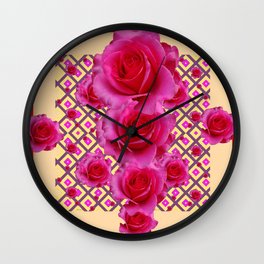 Red & Cream Fuchsia Roses Pattern Wall Clock