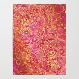 Hot Pink and Gold Baroque Floral Pattern Poster