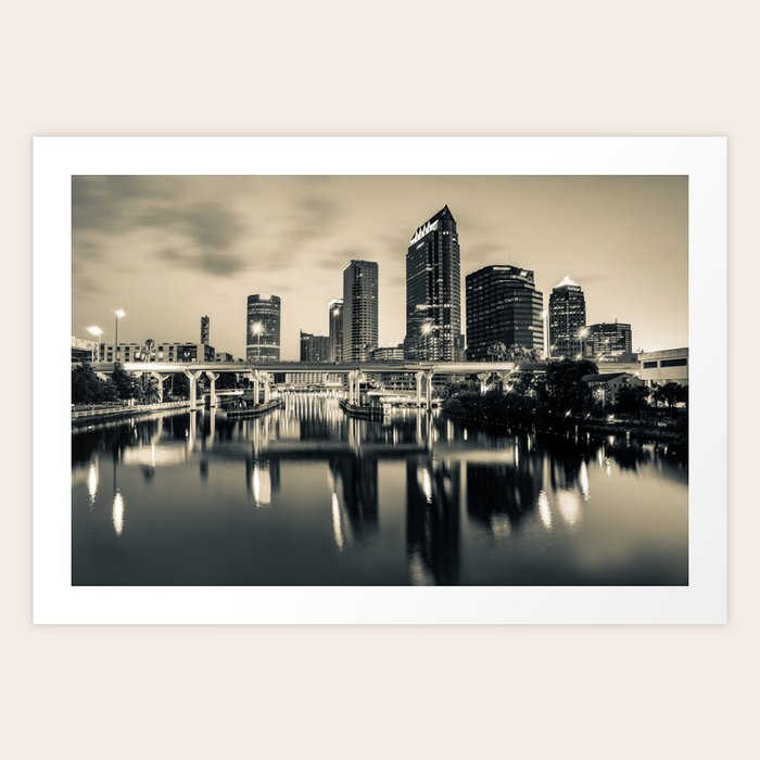 Sepia Tampa Florida Skyline Reflections Art Print By
