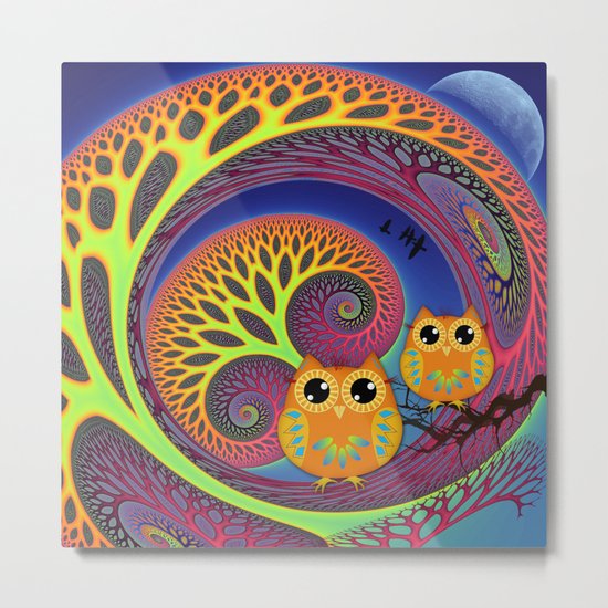 Owls in a magical tree Metal Print