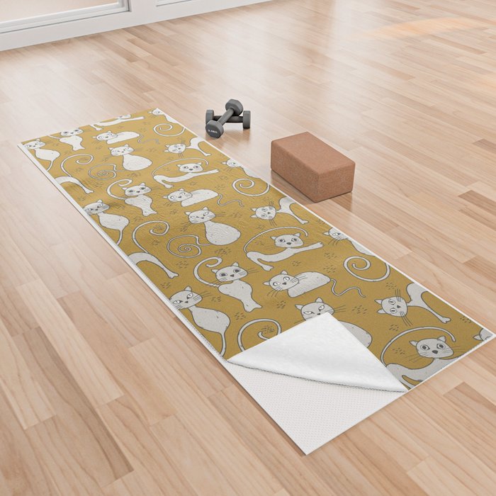 Mustard yellow and off-white cat pattern Yoga Towel