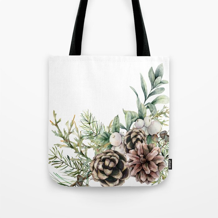 Christmas Pine Bouquet, Watercolor Floral Prints Tote Bag
