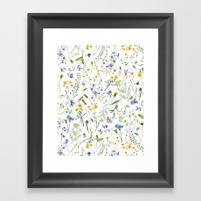 Scandinavian Midsummer Blue And Yellow Wildflowers Meadow  Framed Art Print