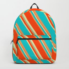 [ Thumbnail: Pale Goldenrod, Dark Turquoise, Brown, and Red Colored Lines/Stripes Pattern Backpack ]