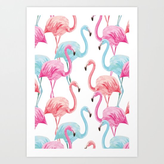 flamingo pink and blue watercolor seamless pattern Art Print