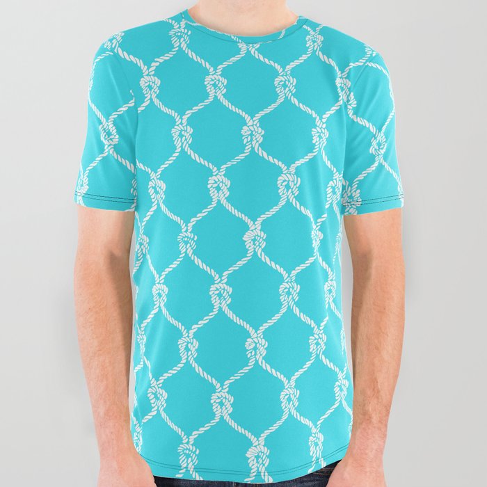Nautical Netting Design on Turquoise All Over Graphic Tee