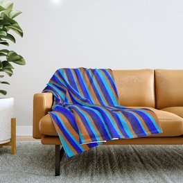 [ Thumbnail: Midnight Blue, Chocolate, Deep Sky Blue & Blue Colored Striped/Lined Pattern Throw Blanket ]
