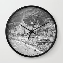 Black and White Amalfi Coast Landscape | Coastal Beach Summer Art Print | Travel Photography in Italy Wall Clock