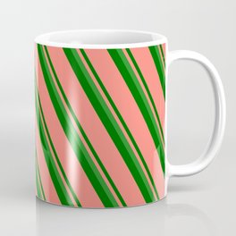 [ Thumbnail: Forest Green, Dark Green & Salmon Colored Stripes Pattern Coffee Mug ]