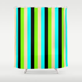 [ Thumbnail: Aqua, Tan, Green, and Black Colored Stripes Pattern Shower Curtain ]