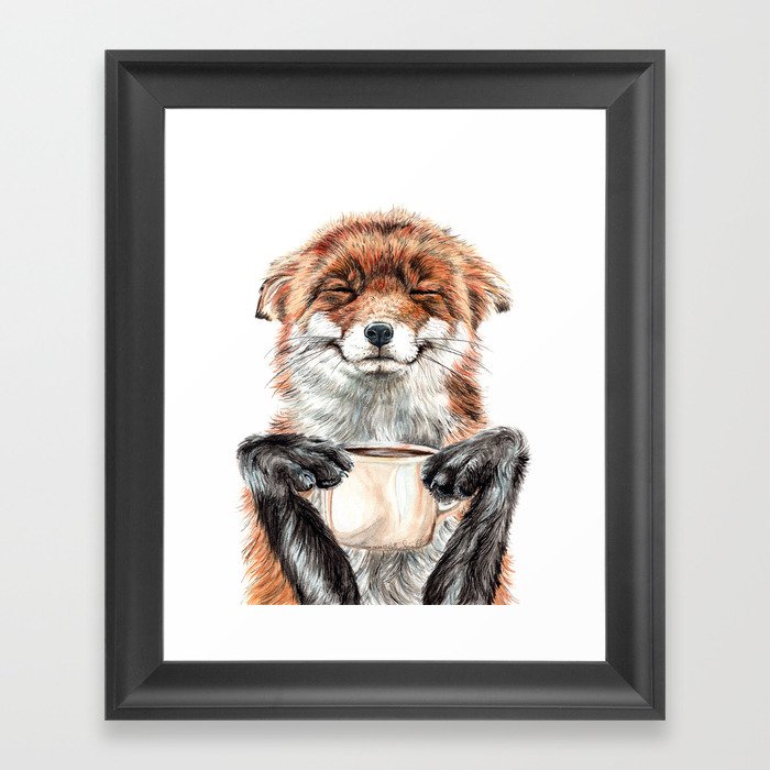 " Morning fox " Red fox with her morning coffee Framed Art Print