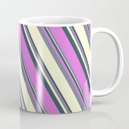 [ Thumbnail: Dark Slate Gray, Orchid, Slate Gray & Light Yellow Colored Striped Pattern Coffee Mug ]