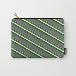 [ Thumbnail: Beige, Dark Green & Dim Grey Colored Lines/Stripes Pattern Carry-All Pouch ]