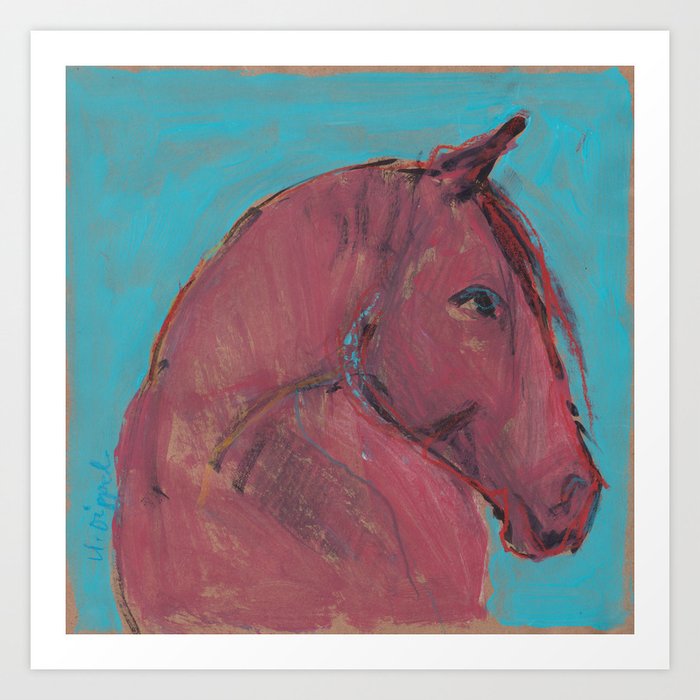 Horse (Red on turquoise) Art Print