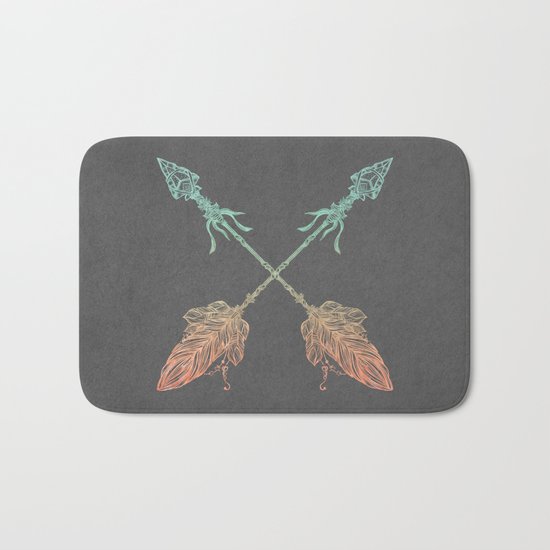 Tribal Arrows Turquoise Coral Gradient on Gray Bath Mat