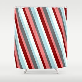 [ Thumbnail: Powder Blue, Dim Gray, Light Coral, Dark Red & Mint Cream Colored Stripes/Lines Pattern Shower Curtain ]