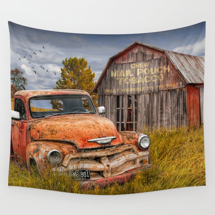 Rusted Pickup Truck in a Rural Landscape by Old Weathered Barn in Michigan Wall Tapestry