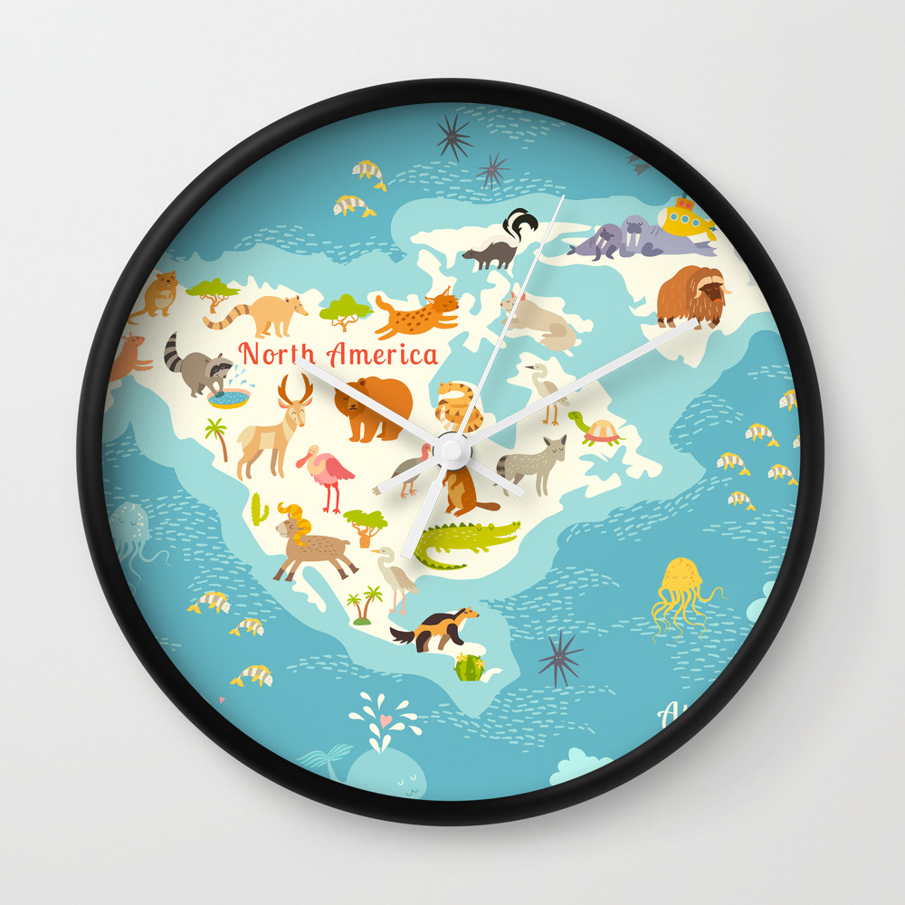Animals world map, North America. Colorful cartoon vector illustration for  children and kids. Presch Wall Clock by Rimma | Society6