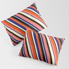 [ Thumbnail: Colorful Red, Light Coral, Midnight Blue, Light Yellow, and Black Colored Stripes Pattern Pillow Sham ]