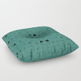 Green Blue and Black Doodle Kitten Faces Pattern Floor Pillow